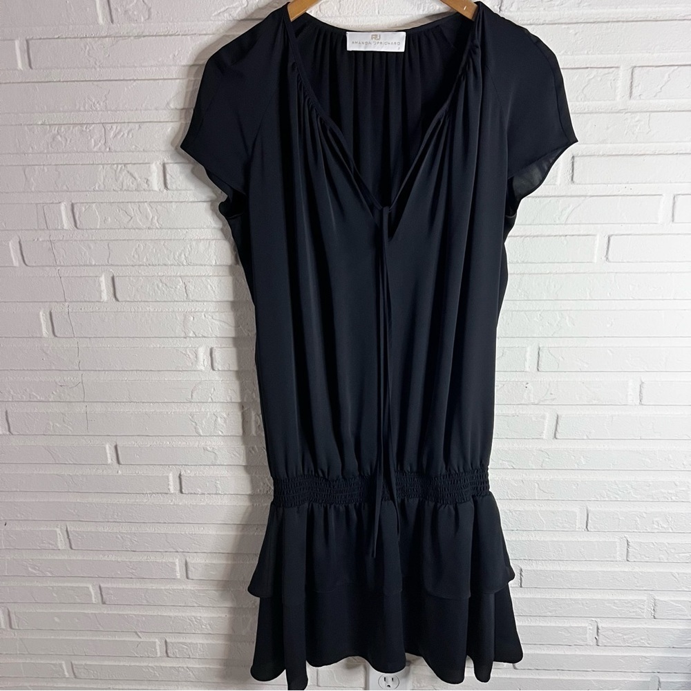Amanda Uprichard Black Short Sleeve Ruffle Smocked Waist Dress, Size Small